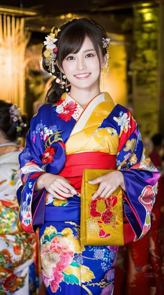 ((masterpiece(:1.4)，Highest quality，Ultra-high resolution，Highest quality，8k，Extremely detailed，In detail))。night，Fireworks display，Japanese，Oiran，Long-sleeved kimono，Hair tying，hair ornaments，smoke tube，geta，Gorgeous and luxurious，(Fireworks displayのnightに河川敷で花火を背景にしたスナップ写真)，Hyper Quality