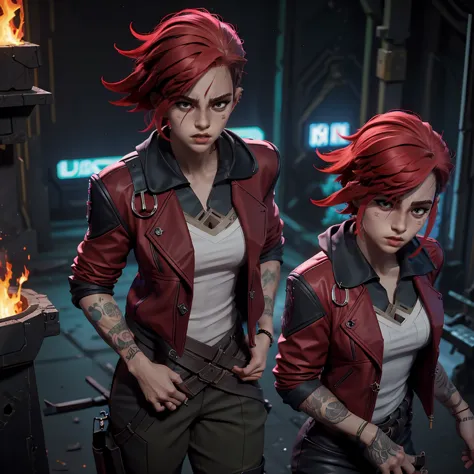 dv de arcane,, uma mulher com Red hair, cyberpunk woman anime woman, pants, Beautiful angry cyberpunk goddess, cyberpunk artstyl...