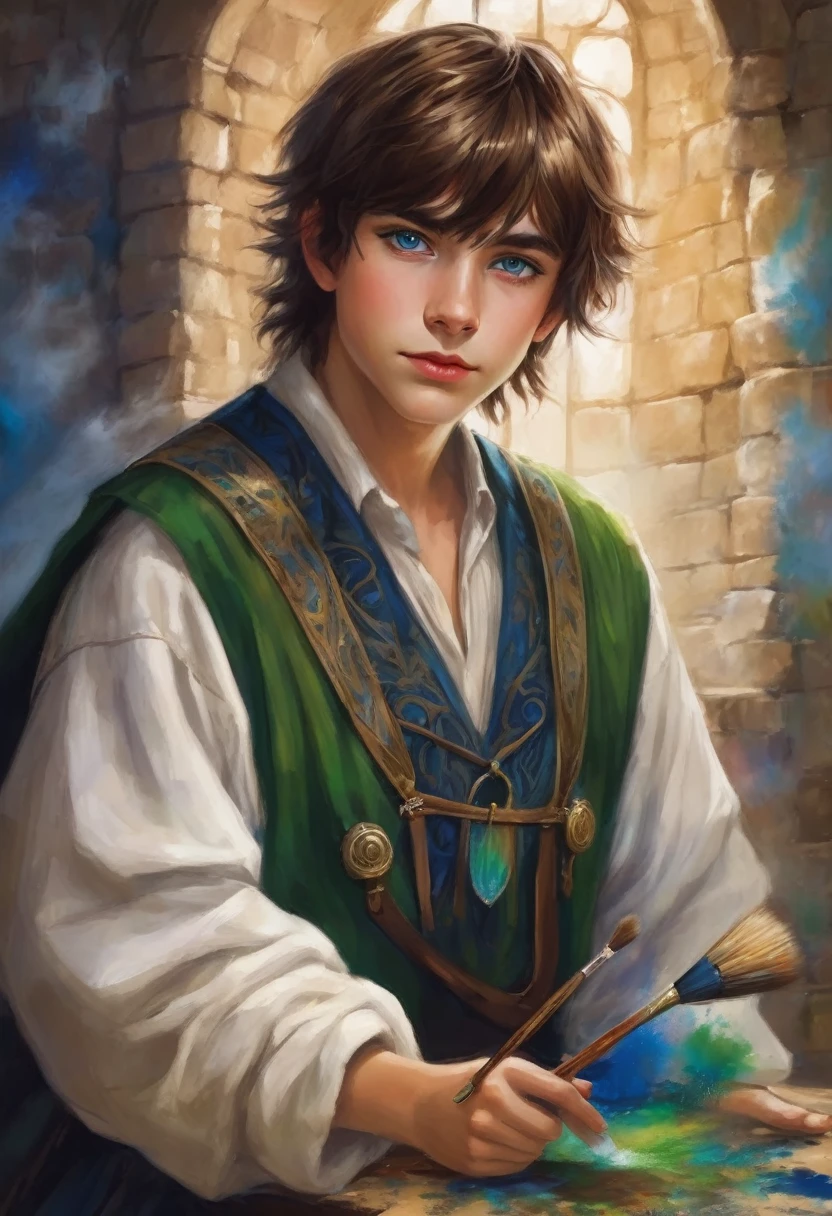 young teen boy , Medium Brown Hair with Messy Fringe Hairstyle., one green eye and one blue eye, painting magic, magic paint brush, ancient magic use, magician dress, medieval times, love detail, good quality