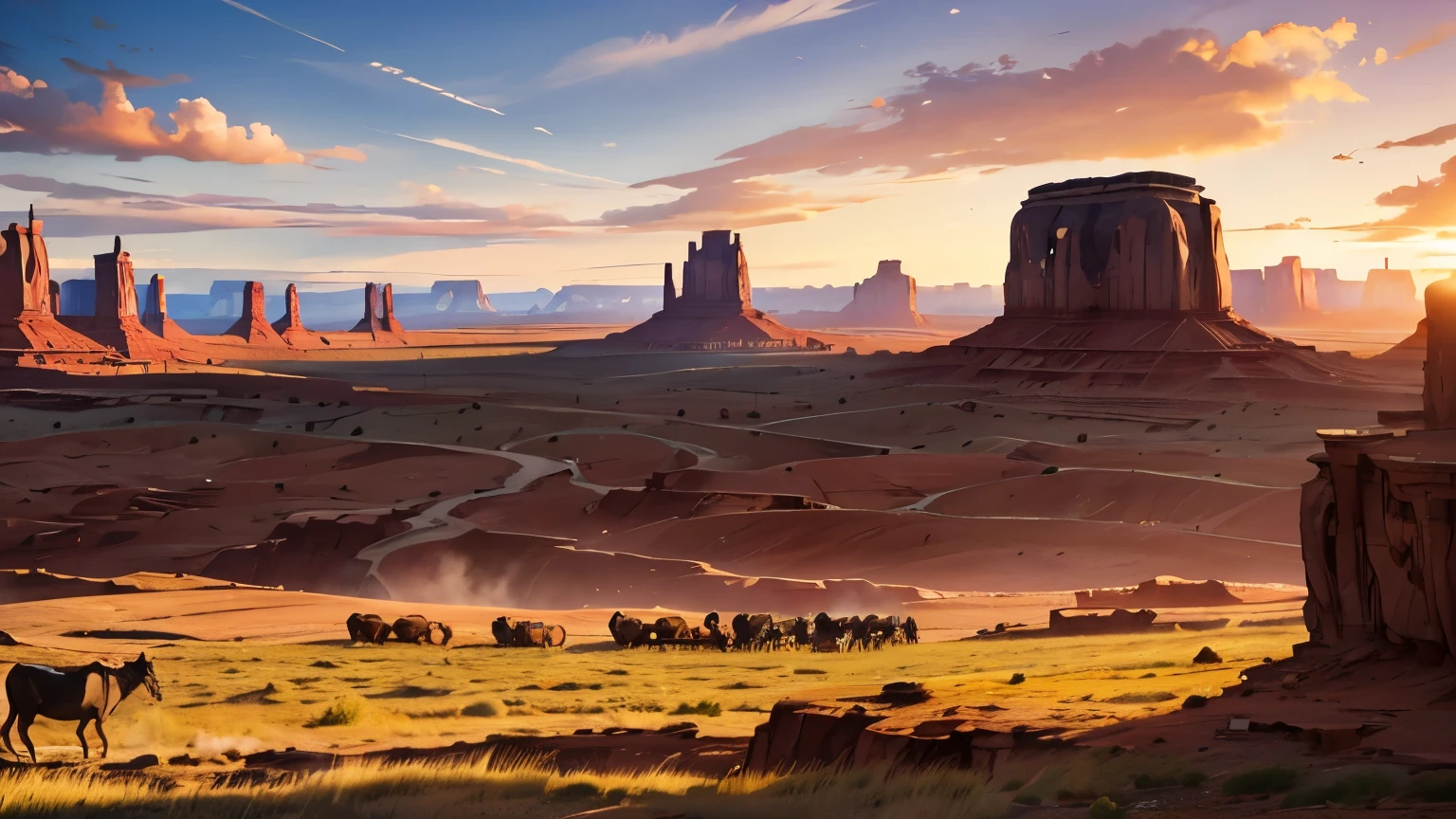 movie, western cow boys, , Monument Valley, vast ranch, Sunset,, Herd of cows, Duel in the Wilderness