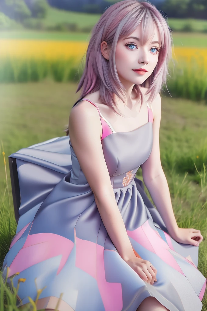 alisa,1girl,solo,long_hair,looking_at_viewer,bangs,blue_eyes,hair_between_eyes,hair_ribbon,ahoge,grey_hair,summer_dress,(pink_dress:1.2),sitting_on_ground,flower_field 