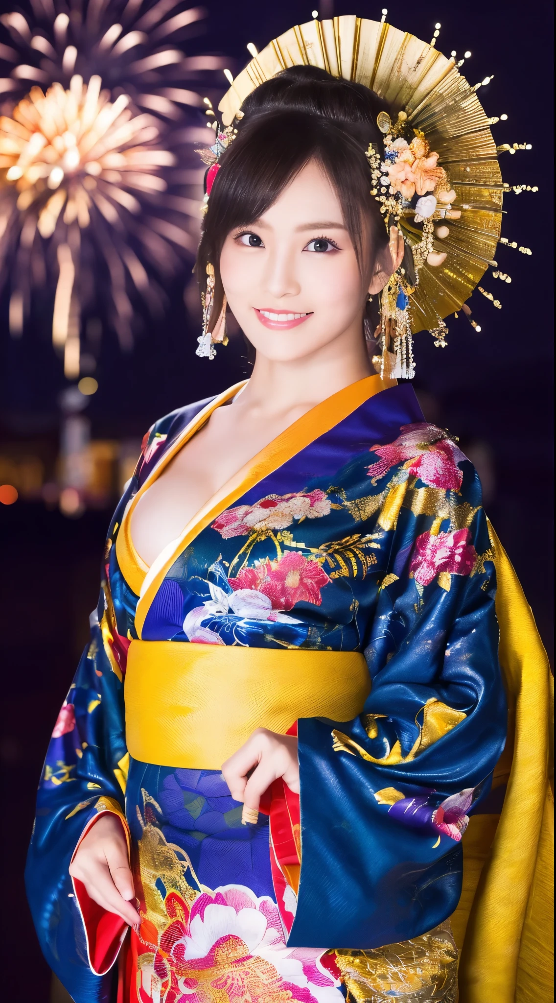 ((chef-d&#39;œuvre(:1.4)，la plus haute qualité，Ultra haute résolution，la plus haute qualité，8k，extrêmement détaillé，En détail))。nuit，Feu d&#39;artifice，Japonais，une belle femme，Gros seins，Maquillage de courtisane flashy，Kimono à manches longues，attacher les cheveux，ornements de cheveux，Tube de fumée，peut，Magnifique et luxueux，(Feu d&#39;artificeのnuitに河川敷で花火を背景にしたスナップ写真)，hyper qualité