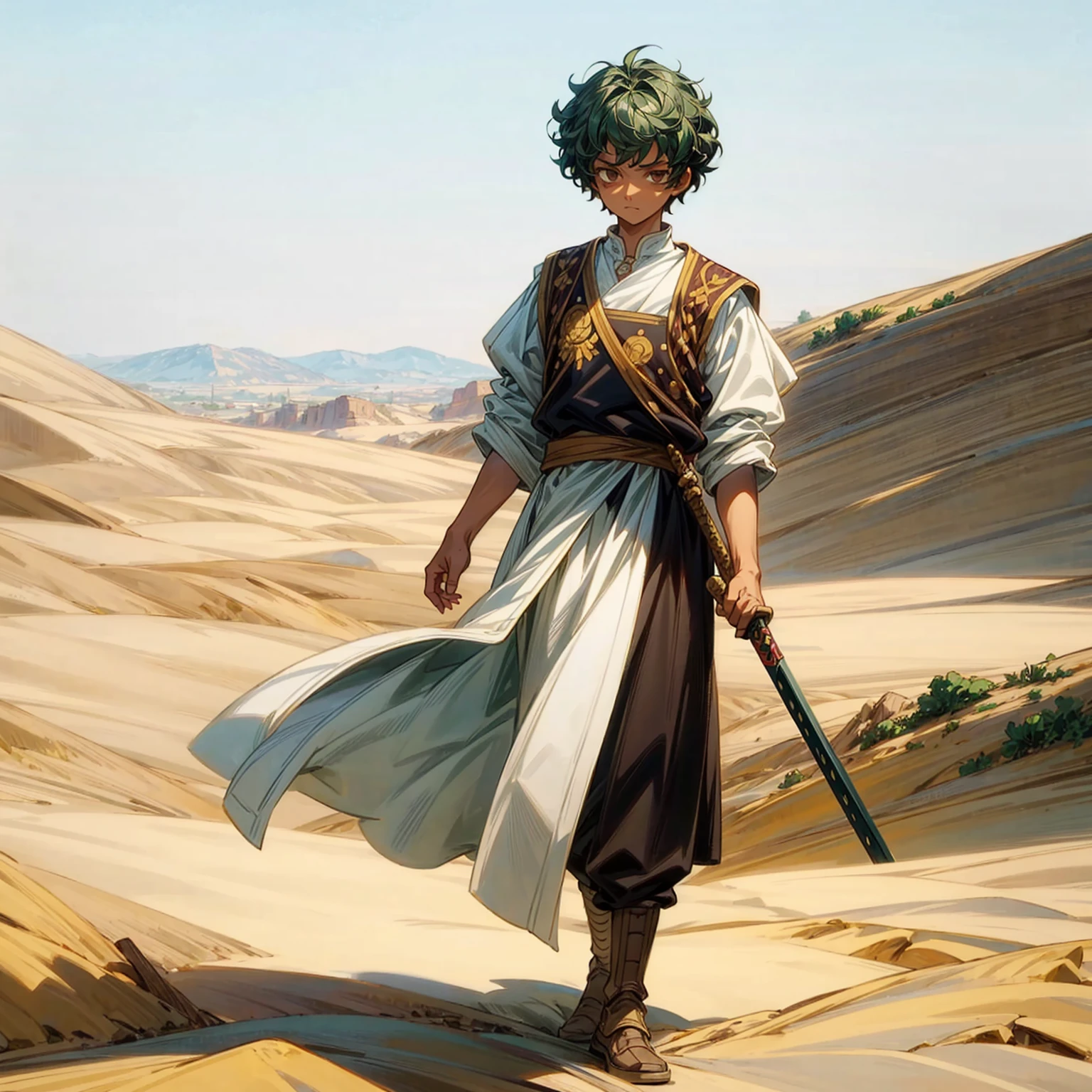 1little boy, Full body version, 1character, brown eyes color, dark skin, Curly cut hairstyle, small eyes type, green colour hair, doctor ancient roman clothing style, white color clothing, white Stola, Ancient roman boots, armor vest, Grassroots background in desert, motion blur, lighting, high angle view, sword in hand 