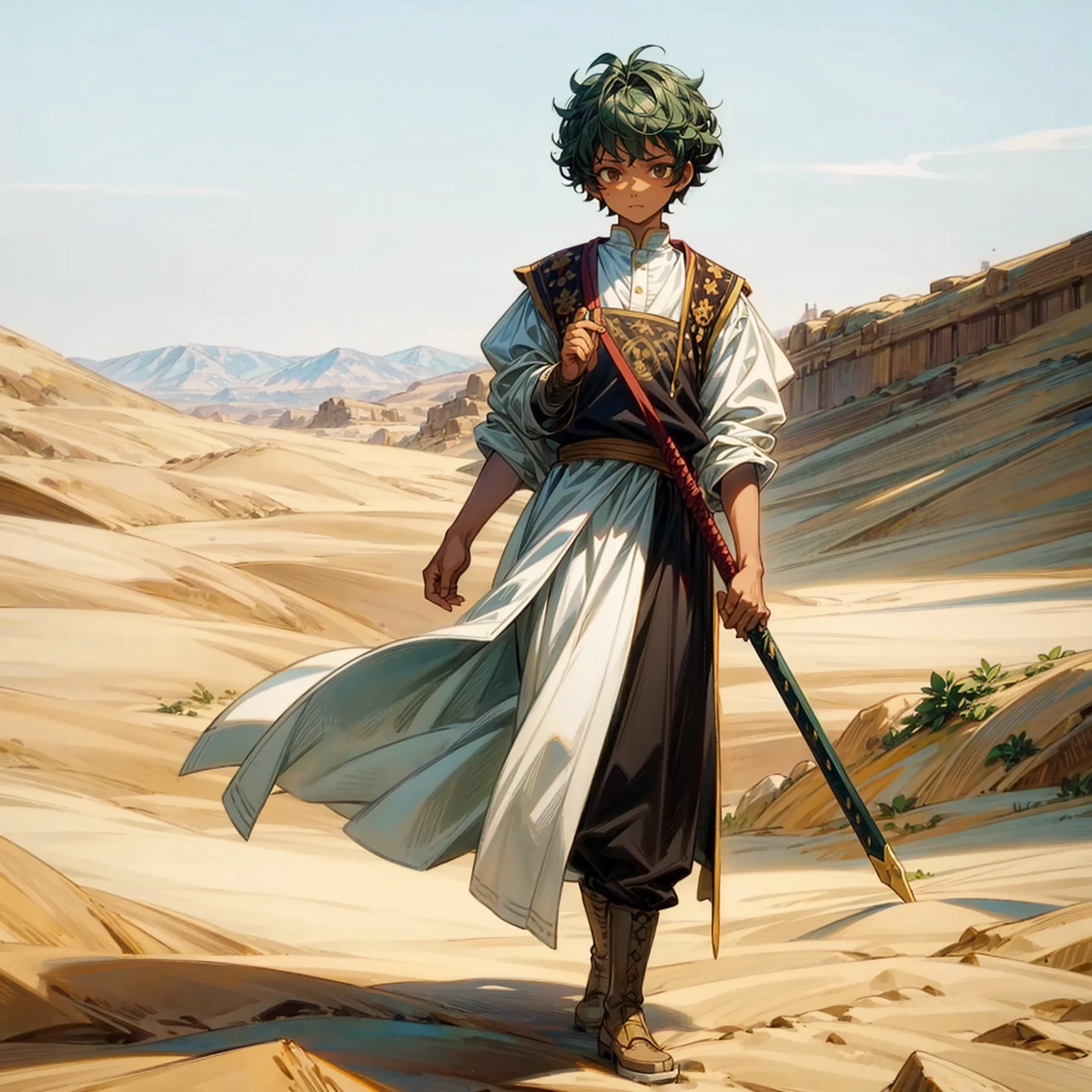 1little boy, Full body version, 1character, brown eyes color, dark skin, Curly cut hairstyle, small eyes type, green colour hair, doctor ancient roman clothing style, white color clothing, white Stola, Ancient roman boots, armor vest, Grassroots background in desert, motion blur, lighting, high angle view, sword in hand 