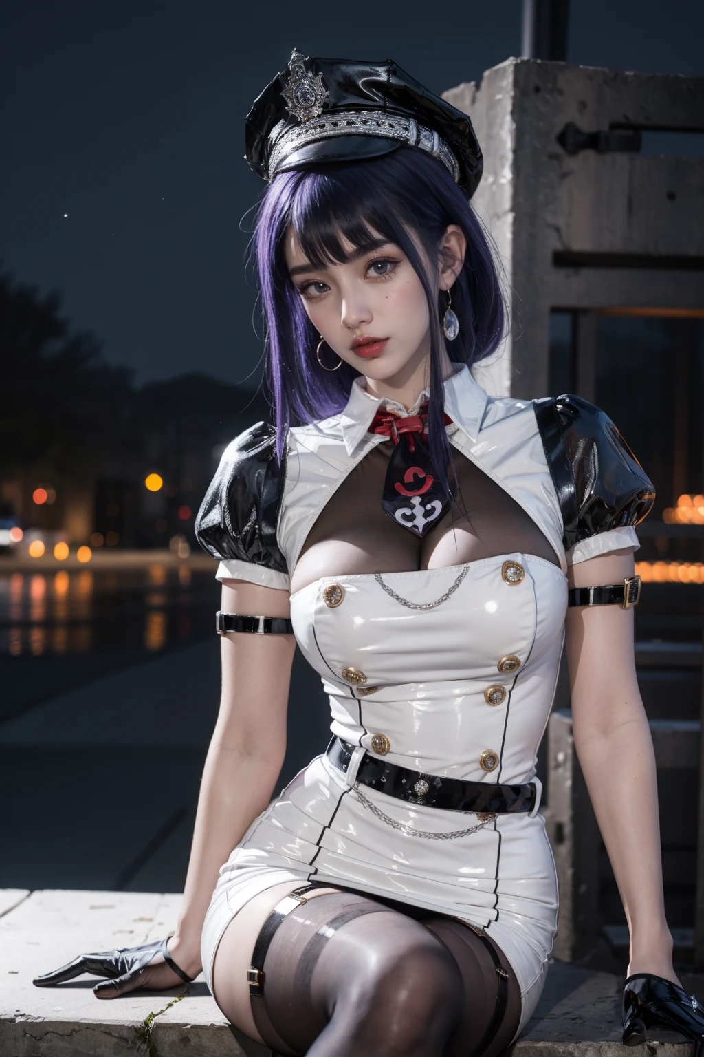 best quality,masterpiece,outdoor,night,1 Girl,Solitary,blush,Eyeliner,Eyeshadow,eyelash,Bangs,Short bangs,,Breast sagging,Lemon 0001,skirt,white skirt,,Red belt,Jewelry,Black pantyhose,belt,Purple Hair,have,black have,Peaked hat,Half-fingered gloves,Black Gloves,Short sleeve,puffy Short sleeve,Thigh straps,For the audience,permanent,whole body,