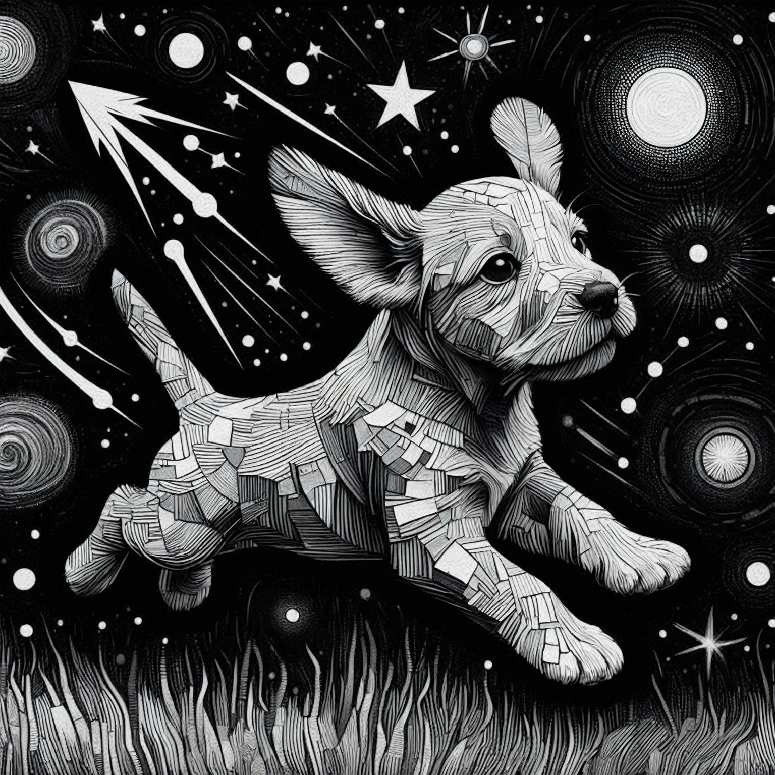 a black and white drawing of a dog running through the grass, exceedingly incredibly complex, incredibly complex, intricate detailed digital art, cute detailed art, James R.. ears, mind blowing, intrincadamente Greg Rutkowski, highy detailed and hypnotic, surreal + highy detailed, complex digital art, complex digital art, intricate galactic designs, mind blowing art, very detailed feel