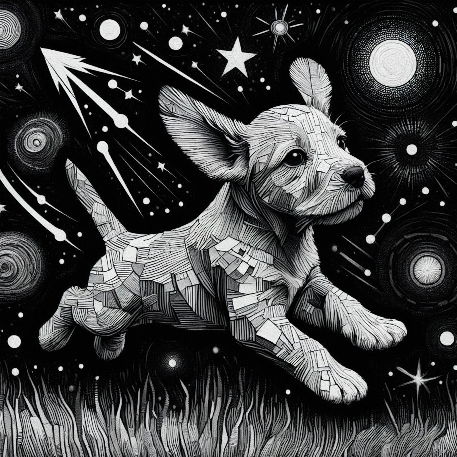 a black and white drawing of a dog running through the grass, exceedingly incredibly complex, incredibly complex, intricate detailed digital art, cute detailed art, James R.. ears, mind blowing, intrincadamente Greg Rutkowski, highy detailed and hypnotic, surreal + highy detailed, complex digital art, complex digital art, intricate galactic designs, mind blowing art, very detailed feel