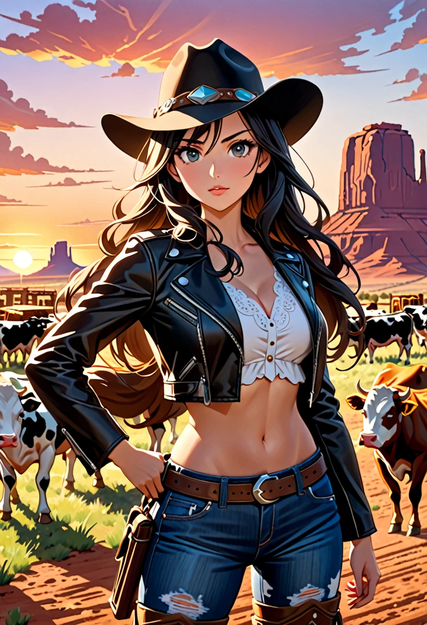 Highest quality, 16K, Unbelievably absurd, Very detailed, 2.5D, delicate and dynamic, , formal, Monument Valley, vast ranch, Sunset, sunset, Herd of cows, Wagon, duel, Small face, Very delicate look, Delicate eye depiction, Upper body close-up, erotic, Sexy Woman, Cool woman, Long black wavy hair, Healthy body shape, 25-year-old woman, Cool woman, height: 170cm, huge firm bouncing busts, western cow girl, Dual pistols, Vibrant, Cowboy hat, Worn leather jacket, Jeans short pants, Leather cowboy boots, duelに臨む