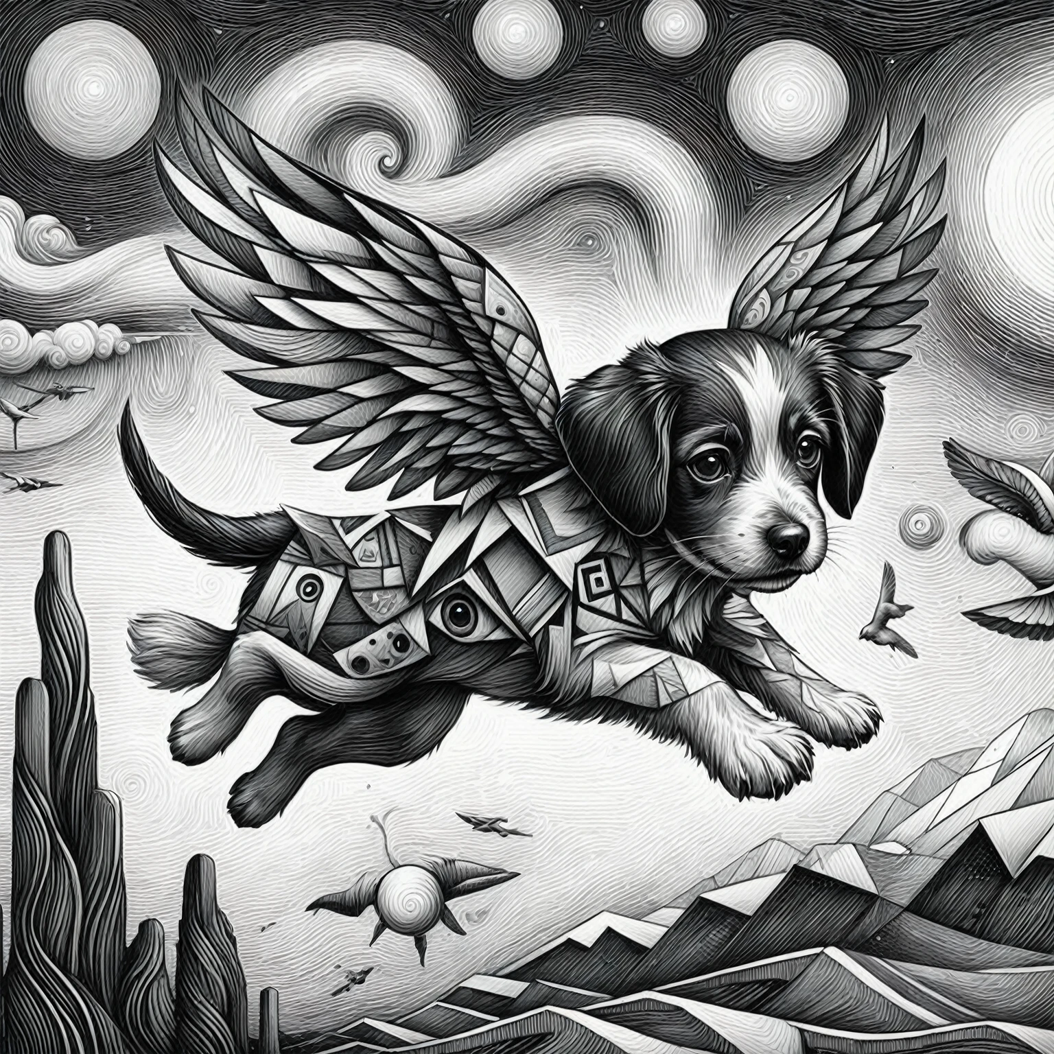 drawing of a dog flying through the air Com asas, cute arte detalhadawork, por Justin Gerard, ilustração épica a lápis, Surreal hybrid animals, pop Surrealism lowbrow art style, pop Surrealism art style, Jim Woodring, Surreal drawing, arte detalhada, ilustração mais detalhada, Altamente detalhado illustration, Com asas. Ultra-detalhado, Douglas Smith, Surreal + Altamente detalhado