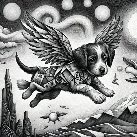 drawing of a dog flying through the air com asas, cute arte detalhadawork, por justin gerard, ilustração épica a lápis, surreal ...