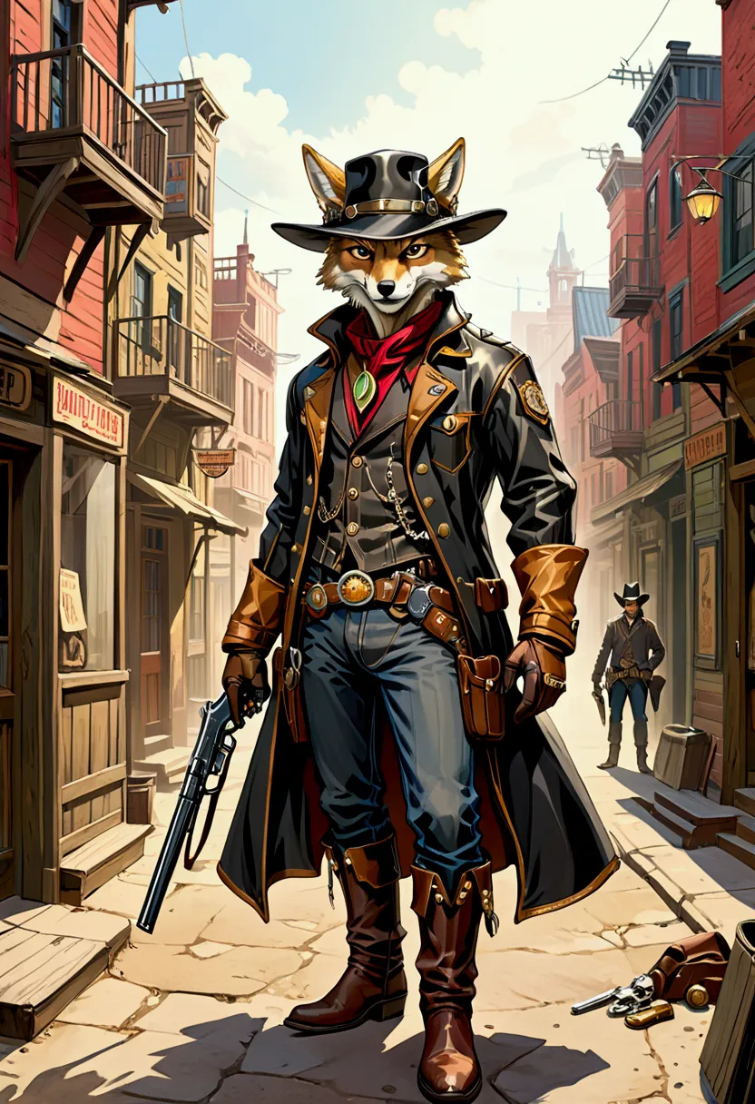 absurd, exquisite, an anthro coyote, wearing a black leather hat, gloves, cowboy attire, boots with spurs, revolvers in holsters...