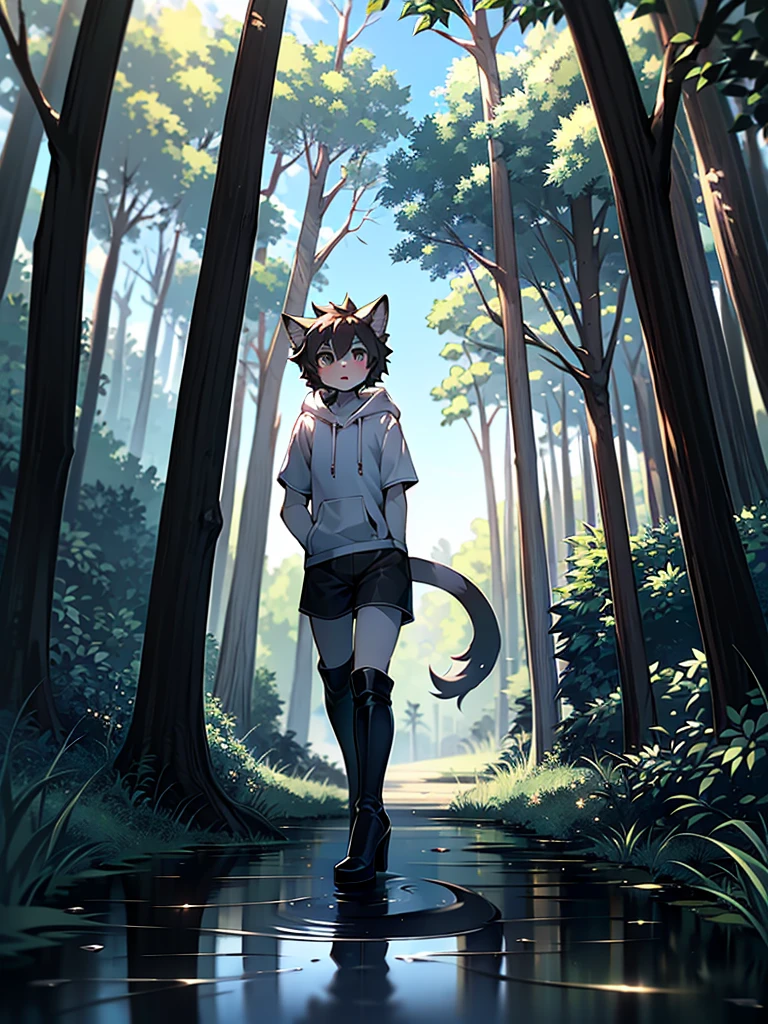 perspective:close distance,alone, 1 person, In the midday forest, Puddle,Black Hair,Shorts,the tail is fluffy, Short sleeve hoodie，Shota, Black knee-high boots,Stiletto heels,