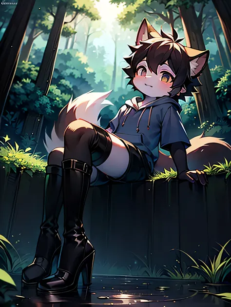 perspective:close distance,alone, 1 person, in the midday forest, puddle,black hair,shorts,the tail is fluffy, short sleeve hood...