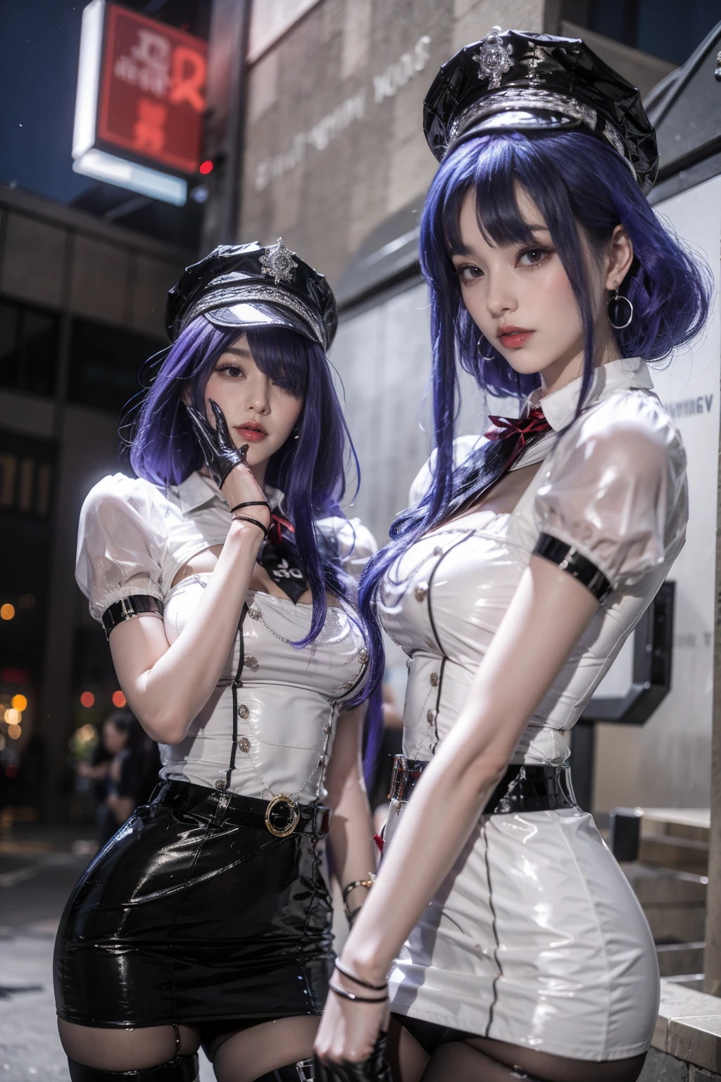 best quality,masterpiece,outdoor,night,1 Girl,Solitary,blush,Eyeliner,Eyeshadow,eyelash,Bangs,Short bangs,,Breast sagging,Lemon 0001,skirt,white skirt,,Red belt,Jewelry,Black pantyhose,belt,Purple Hair,have,black have,Peaked hat,Half-fingered gloves,Black Gloves,Short sleeve,puffy Short sleeve,Thigh straps,For the audience,permanent,whole body,