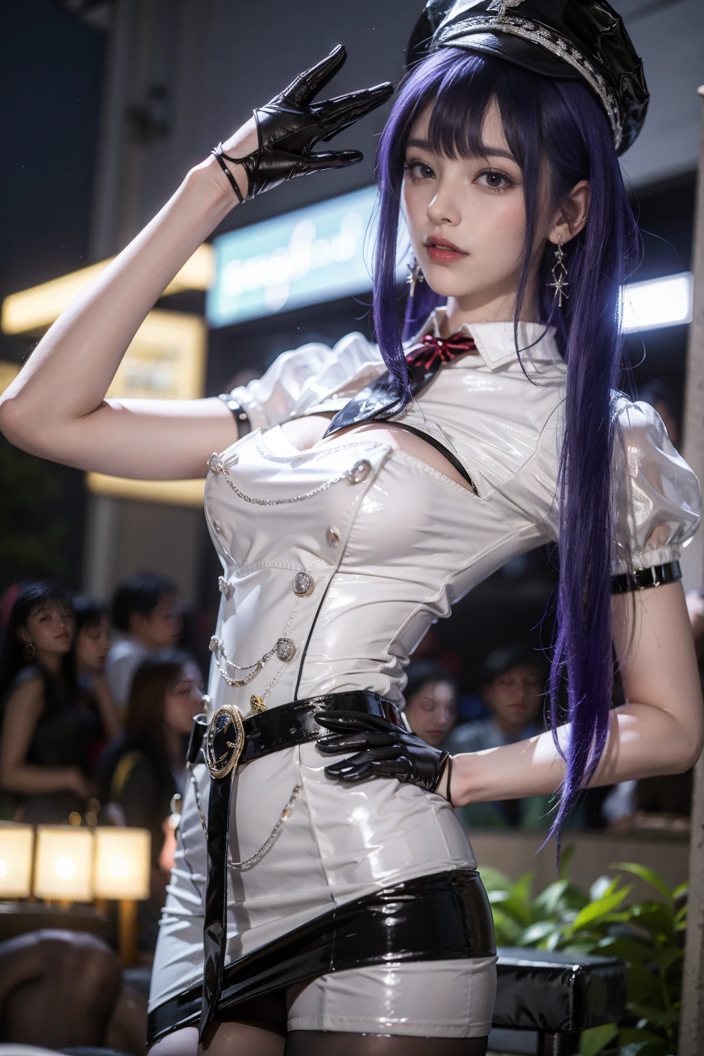 best quality,masterpiece,outdoor,night,1 Girl,Solitary,blush,Eyeliner,Eyeshadow,eyelash,Bangs,Short bangs,,Breast sagging,Lemon 0001,skirt,white skirt,,Red belt,Jewelry,Black pantyhose,belt,Purple Hair,have,black have,Peaked hat,Half-fingered gloves,Black Gloves,Short sleeve,puffy Short sleeve,Thigh straps,For the audience,permanent,whole body,