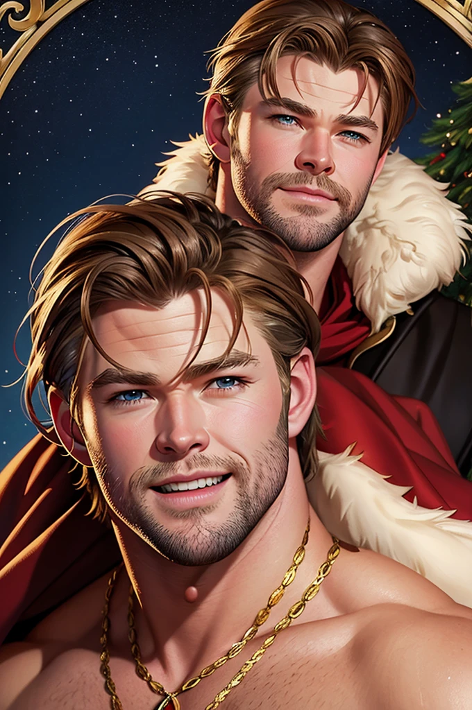 Illustration in Leyendecker style  : happy Chris Hemsworth with chrismast three hairy cheest