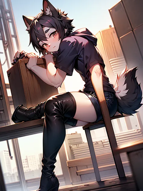 perspective:close range from the side,alone, 1 person, sitting,thighs,black hair,shorts,the tail is fluffy, short sleeve hoodie，...