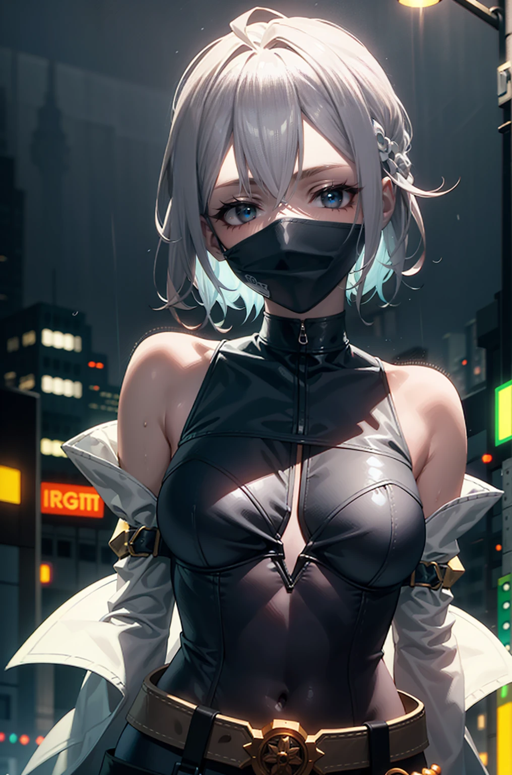 portrait, 1 girl, beautiful face, asymmetrical hair, multi-colored hair, belt, bodysuit, covered mouth, covered navel, detached sleeves, grey eyes, hip vent, open jacket, cute, look at viewer, night city, neon, rainy,