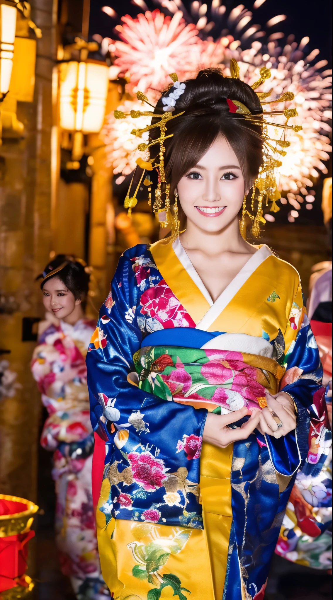 ((masterpiece(:1.4)，Highest quality，Ultra-high resolution，Highest quality，8k，Extremely detailed，In detail))。night，Fireworks display，Japanese，A beautiful woman，Big Breasts，Flashy gal makeup，Oiran，Long-sleeved kimono，Hair tying，hair ornaments，smoke tube，geta，Gorgeous and luxurious，(Fireworks displayのnightに河川敷で花火を背景にしたスナップ写真)，Hyper Quality