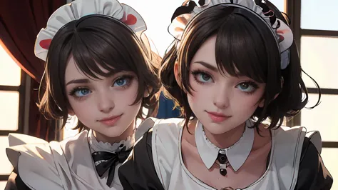 ((beautiful maid:1.5),high resolution, top quality),wearing maid's uniform,soft hands, big bright eyes, dark and vibrant curled ...