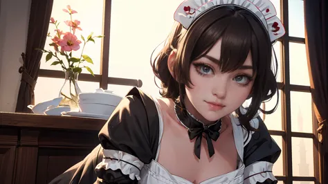 ((beautiful maid:1.5),high resolution, top quality),wearing maid's uniform,soft hands, big bright eyes, dark and vibrant curled ...