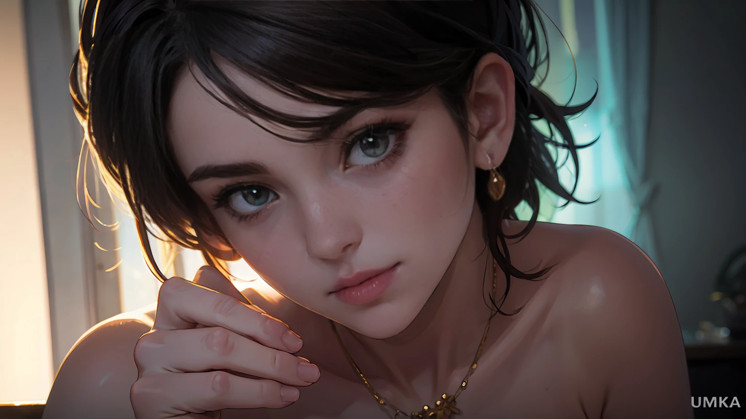 best quality, masterpiece, high_res, 1girl, hair ornament, necklace, jewelry, Beautiful face, upon body, tyndall effect, photo realistic, dark studio, rim lighting, two tone lighting, (high detailed skin:1.2), 8k uhd, dslr, soft lighting, high quality, volumetric lighting, candid, Photograph, high resolution, 4k, 8k, Bokeh, medium breasts, open fingers,