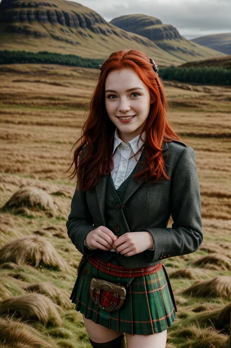 focus face,  (looking at viewer:1.3),  full-body, on ground ,standing pose, scottish girl, 18 years-old, (red  hair , blew eye, ...