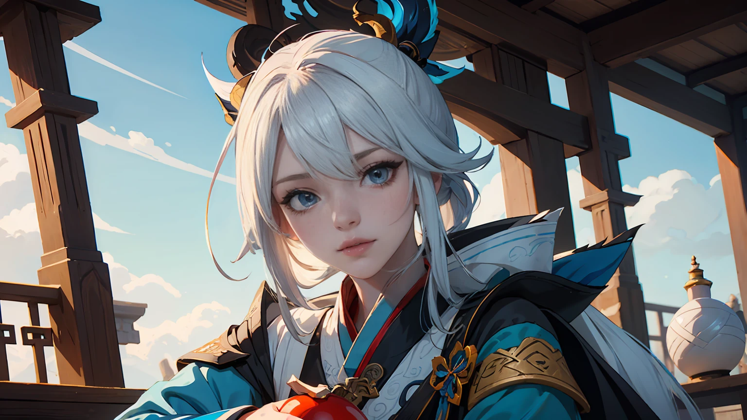 garota anime com um vestido azul e branco segurando uma bola azul, Onmyoji, Onmyoji detailed art, Onmyoji portrait, divindade de cabelos brancos, keqing do impacto genshin, genshin, dos arknights, zhongli do impacto genshin, Heise Jinyao, por Shitao, muito tempo, por Yang J, Yun Ling