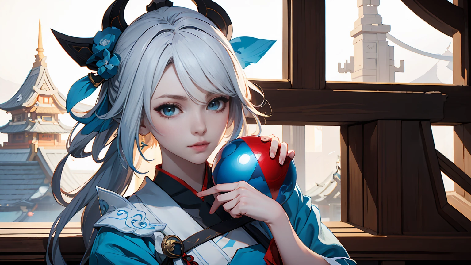 파란색 공을 들고 파란색과 흰색 드레스를 입은 애니메이션 소녀, onmyoji, 음양사 상세 아트, Onmyoji portrait, 흰머리의 신, keqing from 겐신 impact, 겐신, Arknights에서, zhongli from 겐신 impact, 헤이세 진야오, 작성자: Shitao, 룽, by 양J, 윤링