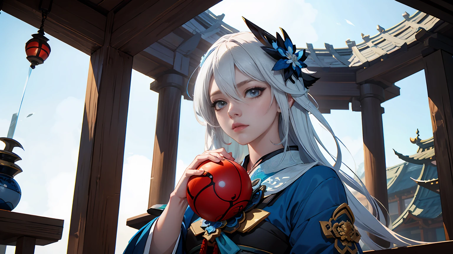 Chica anime con un vestido azul y blanco sosteniendo una bola azul., onmyoji, arte detallado de onmyoji, retrato onmyoji, deidad de pelo blanco, keqing del impacto genshin, genshin, De Arknights, zhongli del impacto genshin, heise jinyao, por Shitao, largo, by Yang J, yun ling