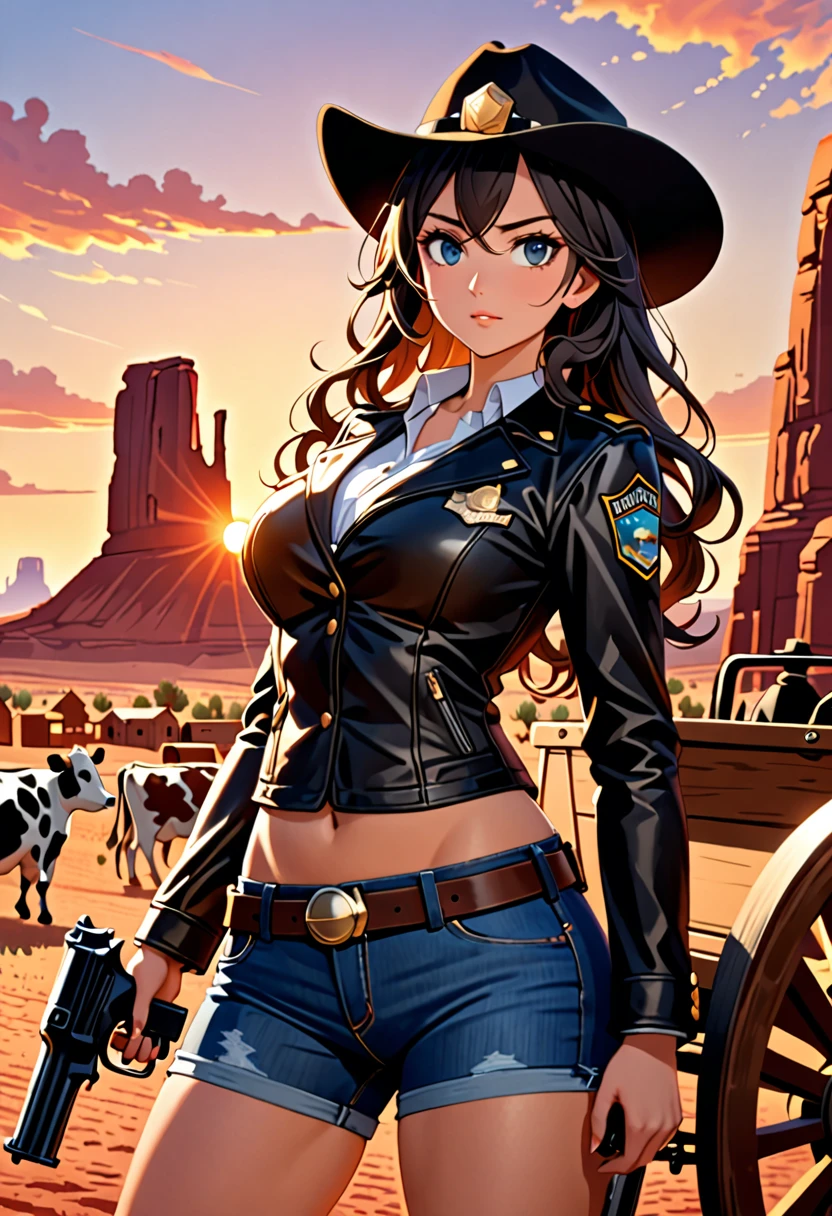 Highest quality, 16K, Unbelievably absurd, Very detailed, 2.5D, delicate and dynamic, , formal, Monument Valley, vast ranch, Sunset, sunset, Old Town, Wagon, duel, Small face, Very delicate look, Delicate eye depiction, Upper body close-up, erotic, Sexy Woman, Cool woman, Long black wavy hair, Healthy body shape, 25-year-old woman, Cool woman, height: 170cm, huge firm bouncing busts, western cow girl, Security Officer, Dual pistols, Vibrant, Provocative, Intense movement, Cowboy hat, Worn leather jacket, Jeans short pants, Leather cowboy boots, duelに挑む