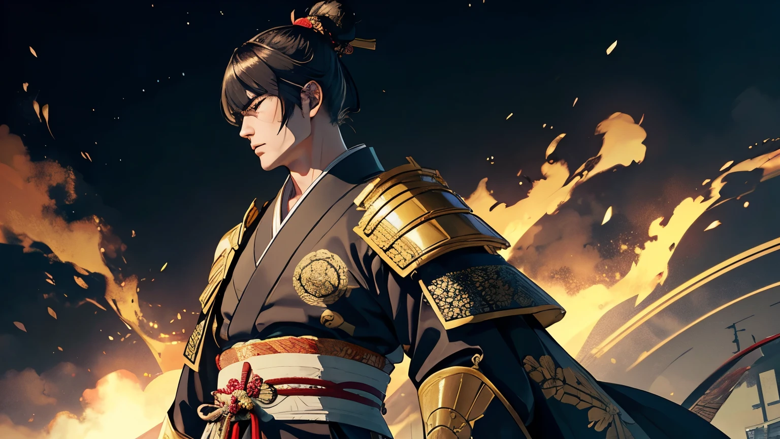 Tokugawa Ieyasu、The whole body is shown、Wearing intricately designed traditional samurai armor、Famous people in Japanese history、They tied their topknots、He has a stern look、Has an intimidating presence。The background is a traditional Japanese castle