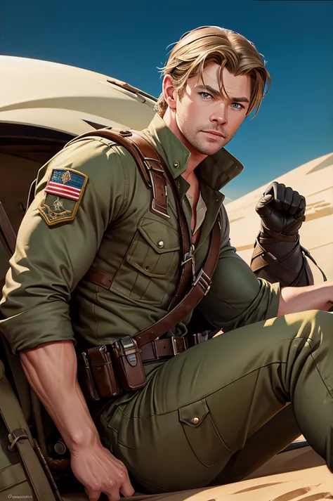 illustration in leyendecker style  : chris hemsworth paratrooper and parahute