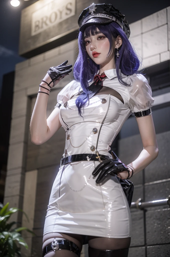 best quality,masterpiece,outdoor,night,1 Girl,Solitary,blush,Eyeliner,Eyeshadow,eyelash,Bangs,Short bangs,,Breast sagging,Lemon 0001,skirt,white skirt,,Red belt,Jewelry,Black pantyhose,belt,Purple Hair,have,black have,Peaked hat,Half-fingered gloves,Black Gloves,Short sleeve,puffy Short sleeve,Thigh straps,For the audience,permanent,whole body,