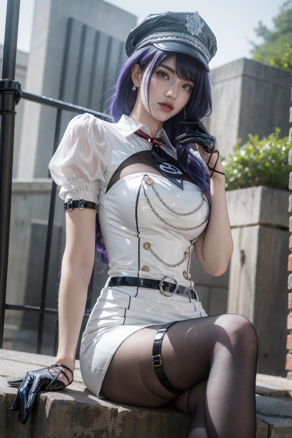 best quality,masterpiece,high resolution,Extremely detailed CG unity 8k wallpaper,outdoor,1 Girl,Solitary,permanent,Cowboy shooting,Large Breasts,Lemon 0001,armband,Fluffy short sleeves,belt,Half-fingered gloves,Buttons,Jewelry,Thigh straps,White skirt,Black pantyhose,Purple Hair,Sitting