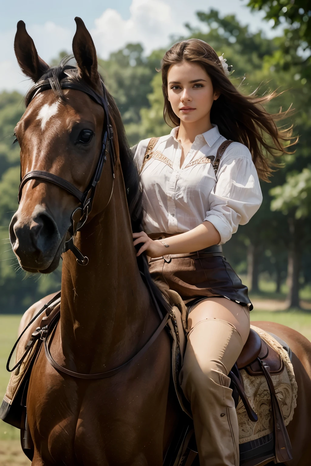 masterpiece, best quality, extremely detailed, hyperrealistic, photorealistic, a beautiful girl, riding a horse,ultra detailed face:1.1,
