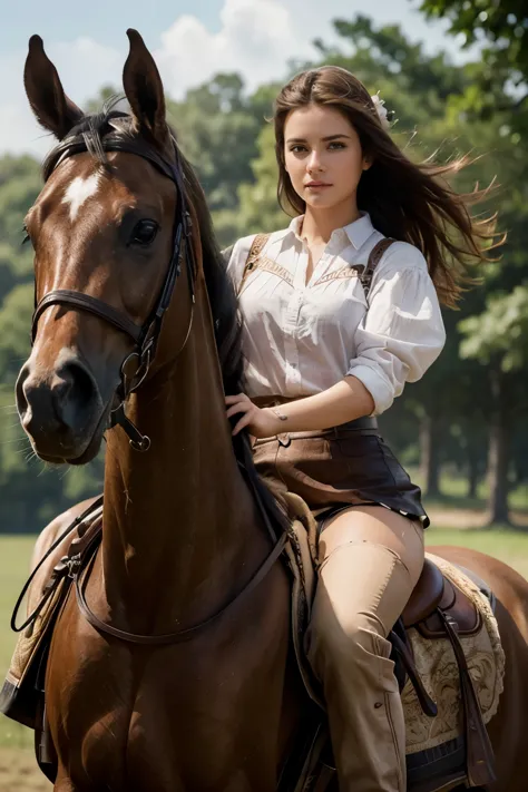 masterpiece, best quality, extremely detailed, hyperrealistic, photorealistic, a beautiful girl, riding a horse,ultra detailed f...