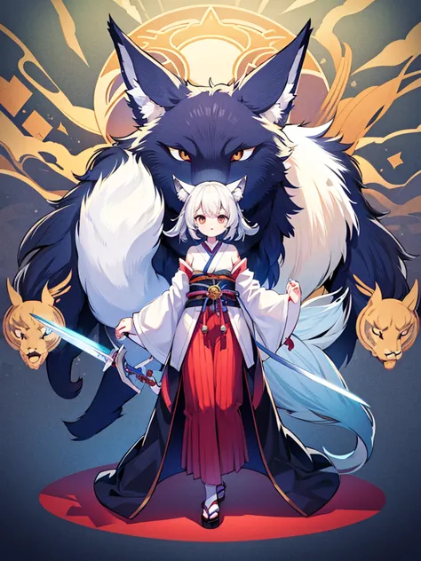 Full-body portrait、Are standing、Holding a sword、woman、kimono、Wolf Ears、Wolf&#39;s Tail