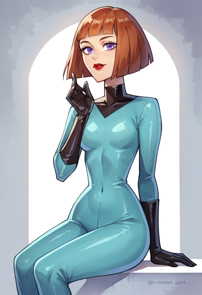 score_9, score_8_up, score_7_up, score_6_up, source_anime, 1girl, portrait, purple eyes, shadow, m_fenton, seductive pose, auburn hair, wide hips, small waist, big , bob cut, sitting, blue rubber jumpsuit, black gloves, red lips, looking at viewer, realistic, watercolor, 