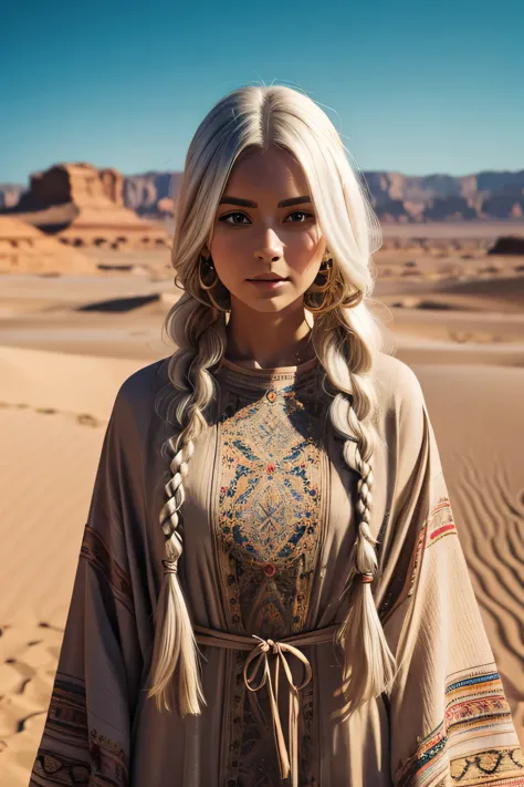 1 female, long white hair, braided hair, wearing a caftan, ugly face, 25 years old, desert background, absurdres, high res, ultr...