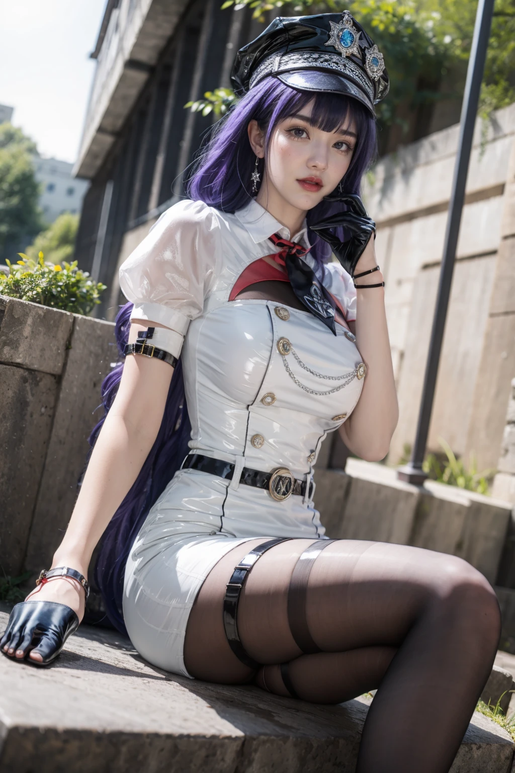 best quality,masterpiece,high resolution,Extremely detailed CG unity 8k wallpaper,outdoor,1 Girl,Solitary,permanent,Cowboy shooting,Large Breasts,Lemon 0001,armband,Fluffy short sleeves,belt,Half-fingered gloves,Buttons,Jewelry,Thigh straps,White skirt,Black pantyhose,Purple Hair,Sitting，Long legs，High heel