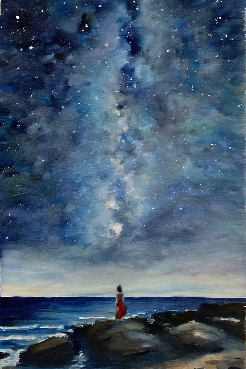 cielo nocturno，La playa rocosa y el mar. Hay una mujer borrosa de espaldas a la imagen. La figura es muy pequeña y está en el medio. Sin texto, solo playa.