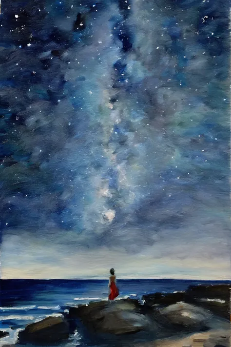 Night sky，The rocky beach and the sea. There is a blurry woman with her back to the picture. The figure is very small and stands...