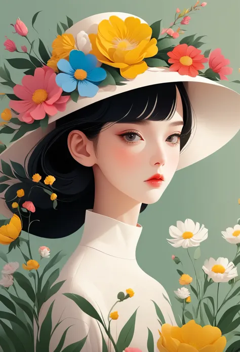 Vector，Flat style，illustration，The Minimalists，数字艺术illustration，A girl wearing a hat with various flowers，Unique，Black Hair，Pret...