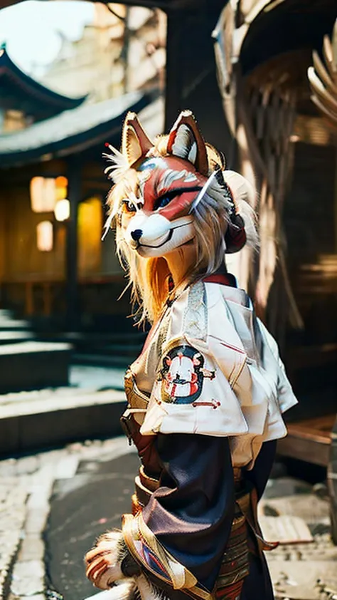 woman with furry face、fox mask、fox ears、white kimono、shout、night、japan road、shrine、low - angle、dynamic composition、background bl...