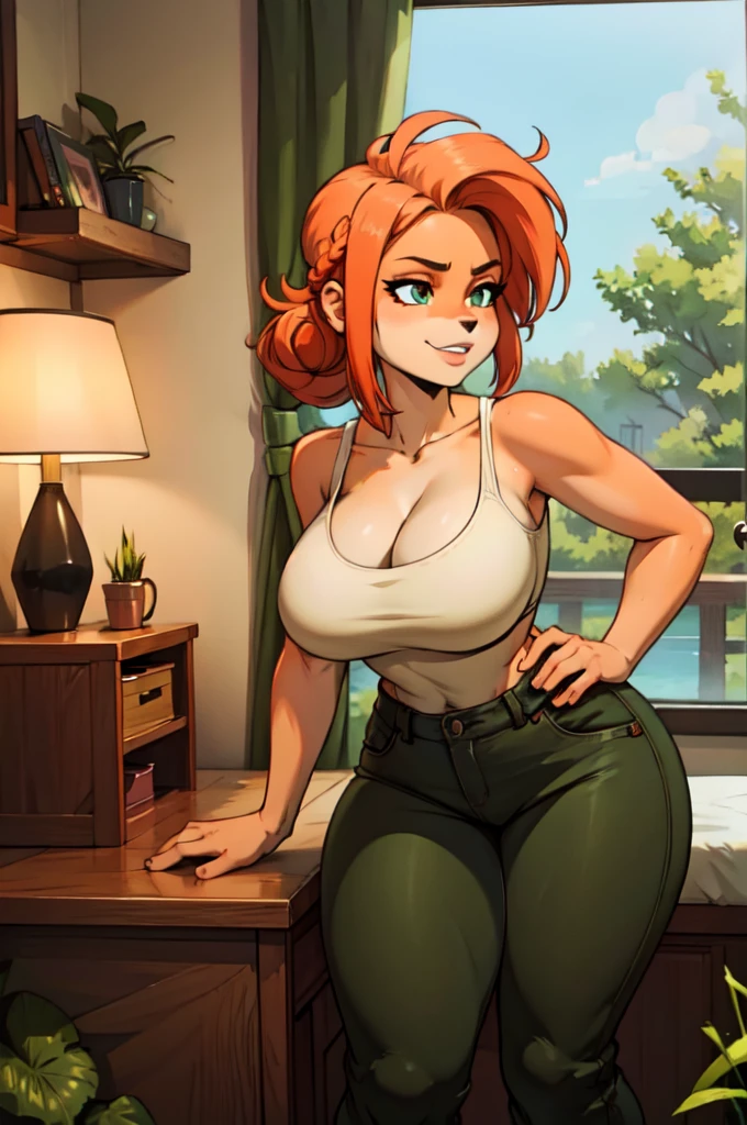 anthro bandicoot girl redhead, braided hair, beautiful green eyes, sexy relaxing moment, sexy ,seductive, warm sweater, camouflage pants, army boots, smirking, cozy lighting, vibrant colors ,