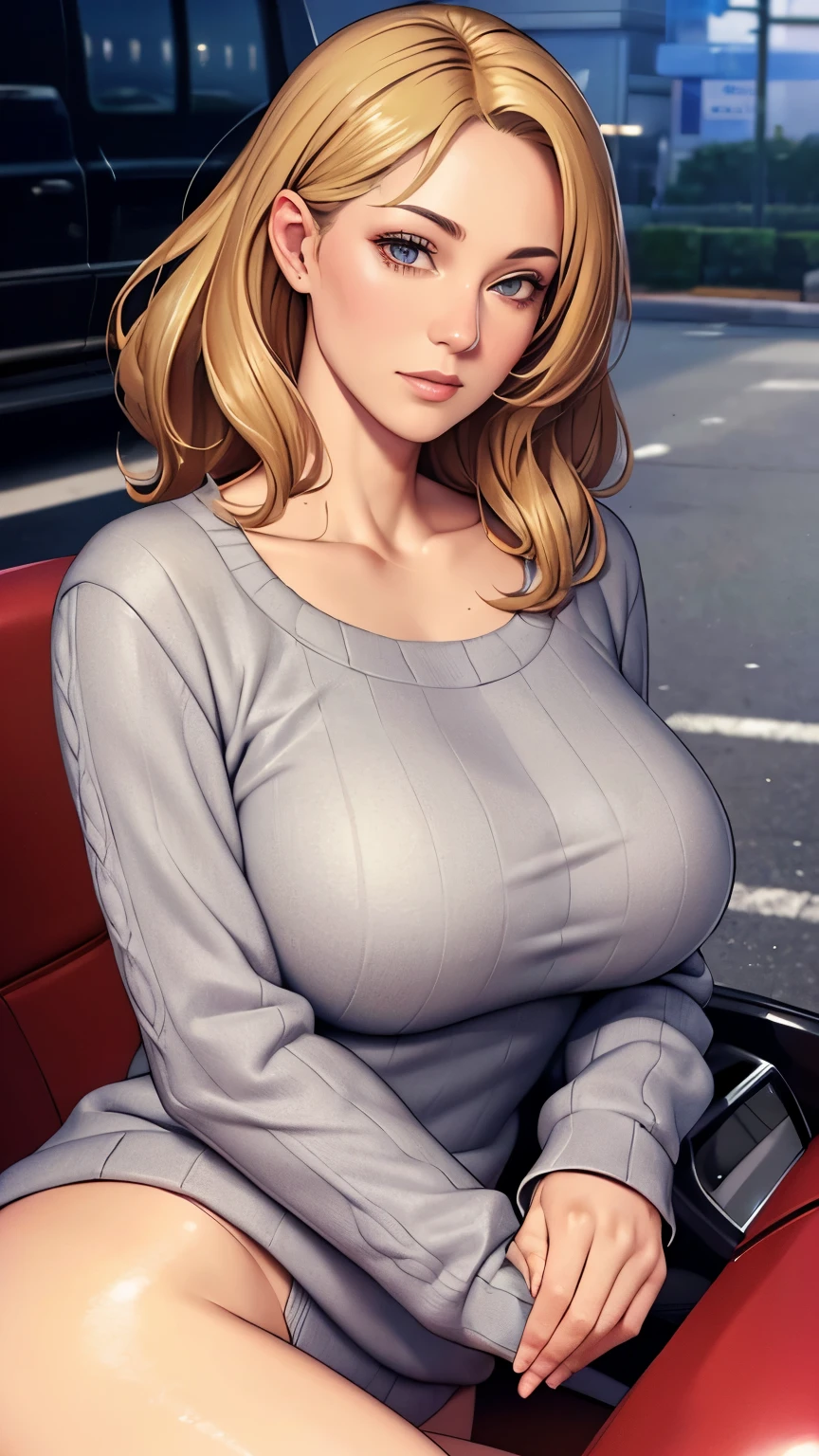 ((Highest quality, 8k, masterpiece:1.3)), concentrated:1.2, Perfect Body Beauty:1.4, Hips:1.2, ((Delicate hair)), (Sweater dress:1.1) , (sports car, street: 1.2), Highly detailed face and skin texture, Detailed eyes, double eyelid, Whitening skin, Big Breasts, smile, Put on a necklace, ring, A person sitting in a car with their butt up々,