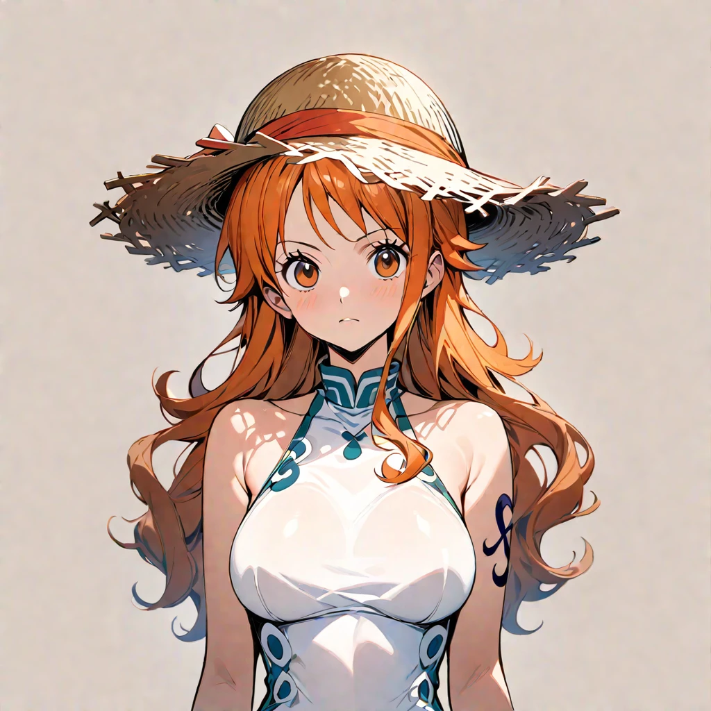 (masterpiece, best quality), intricate details, 1girl, age 19, orange hair, nami, nami \(one piece\), orange eyes, long hair, plain red halter neck mini dress, no design on dress, sleeveless, high neck, stylish clothes, body fit, I cup breasts, plain background, medium contrast, subject fully visible, full subject in frame, wearing a straw hat on head (\subject posing for a photoshoot\).
body measurements- B98-W58-H88 (38.58"-22.83"-34.65"), single person, upper body shot, straw hat on head, 