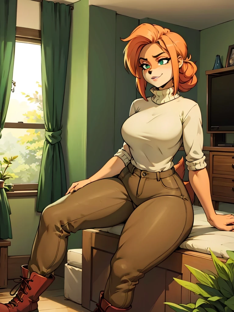 anthro bandicoot girl redhead, braided hair, beautiful green eyes, sexy relaxing moment, sexy ,seductive, warm sweater, camouflage pants, army boots, smirking, cozy lighting, vibrant colors , cartoon, anime 