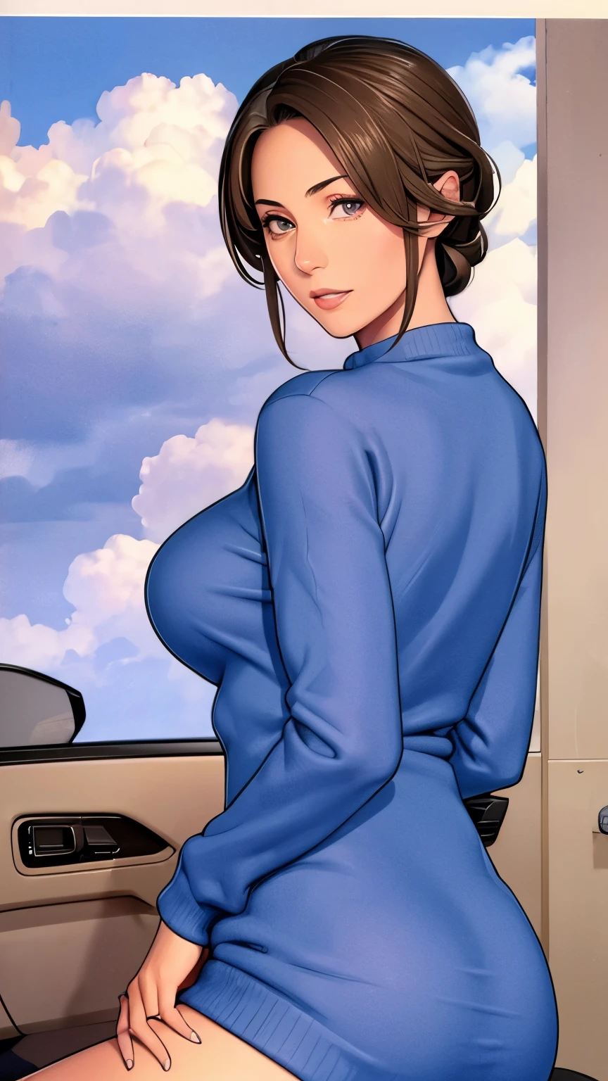 ((Highest quality, 8k, masterpiece:1.3)), concentrated:1.2, Perfect Body Beauty:1.4, Hips:1.2, ((Delicate hair)), (Sweater dress:1.1) , (sports car, street: 1.2), Highly detailed face and skin texture, Detailed eyes, double eyelid, Whitening skin, Big Breasts, smile, Put on a necklace, ring, A person sitting in a car with their butt up々,